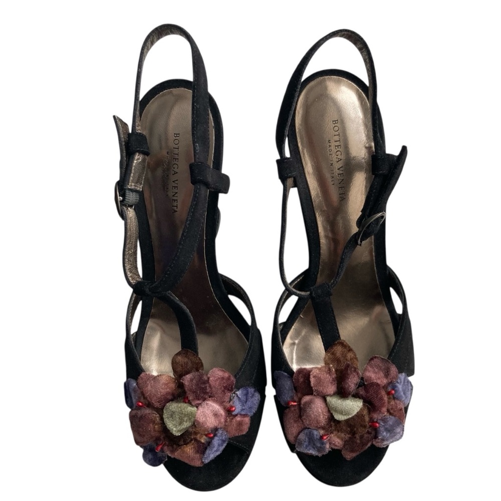 BOTTEGA VENETA | Black Suede 3D Velvet Flower T-Strap Wedge Sandals 37.5